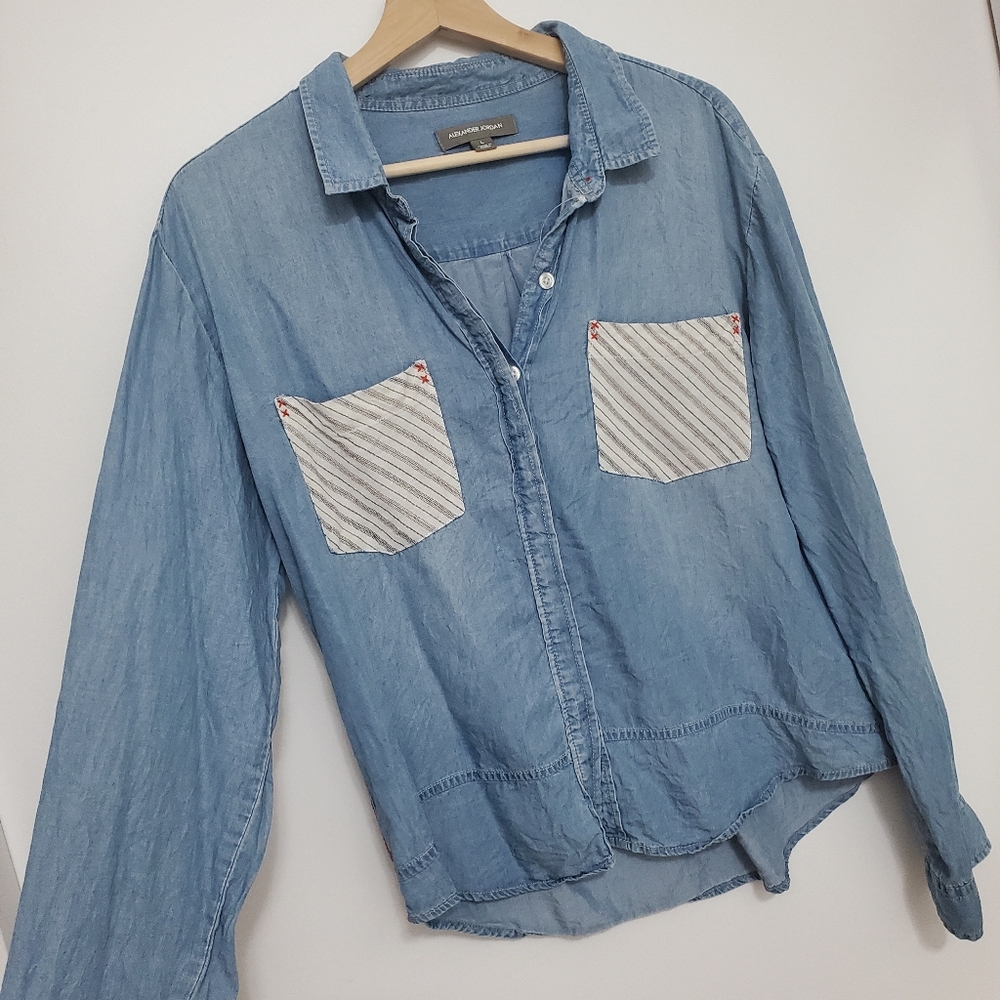 Alexander Jordan Large Button Shirt Blue Denim Top White Pockets Longsleeve Boho